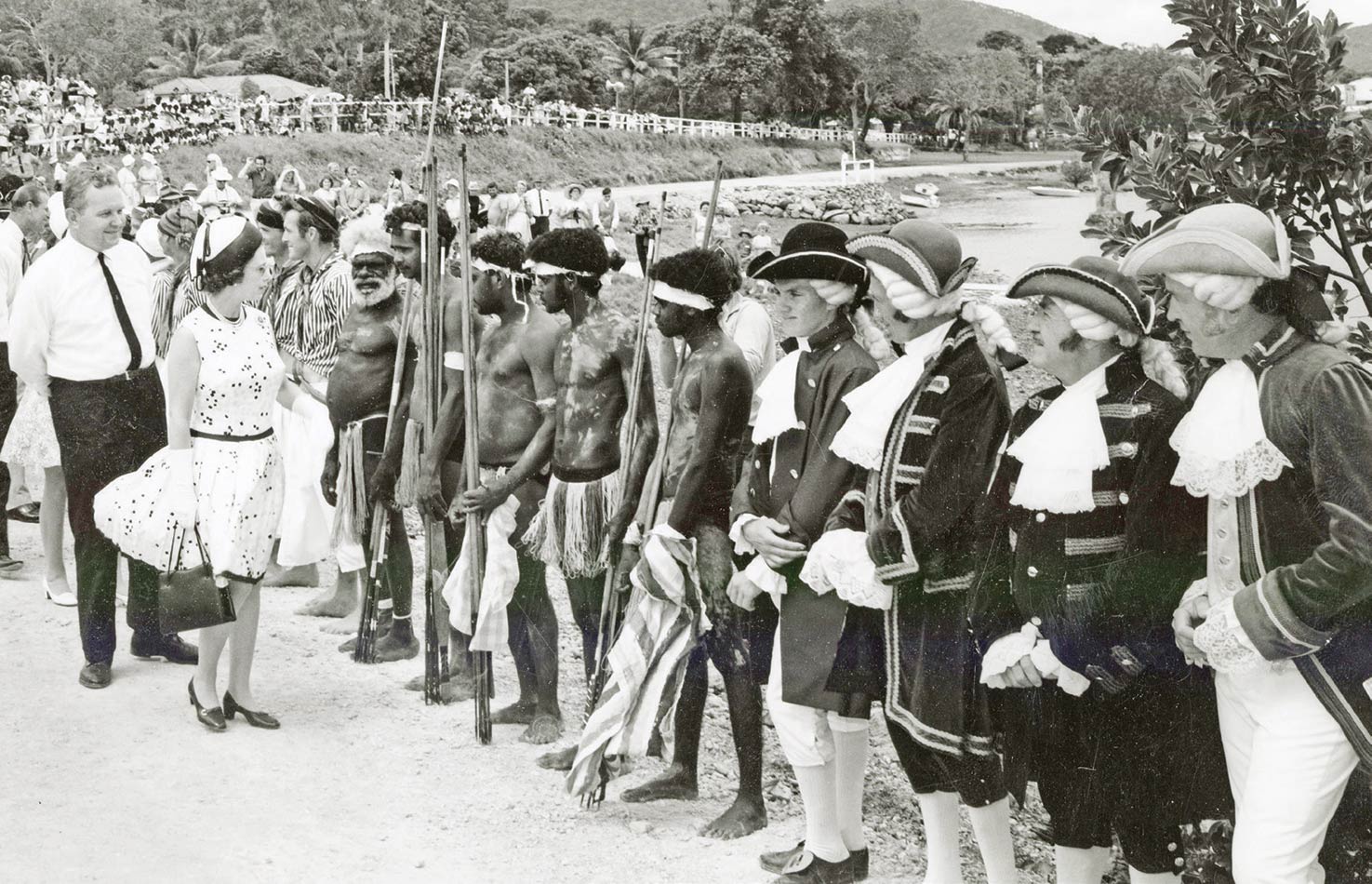 The Queen, who had just turned 44, made the effort to say hello to all members of the re-enactment party.