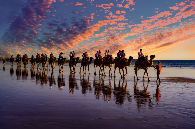 Tourists on camels on Broome Beach